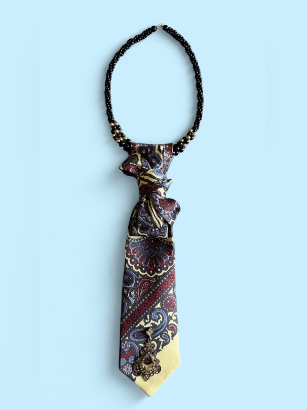 Upcycled Silk Necktie Necklace Vintage Dangling Pin Art Deco Boho Chic Festival - Picture 2 of 4